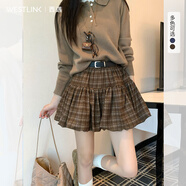 西遇（Westlink）花苞蓬蓬半身裙女2025年秋季新款學(xué)院風(fēng)松緊腰格子a字短裙 咖色 S (26)