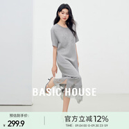 百家好（Basic House）Basic House/百家好淡人鏤空蕾絲拼接夏季新款優(yōu)雅氣質(zhì)新品連衣裙 灰色 S