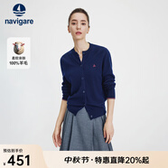 Navigare意大利小帆船毛衣外套女士秋冬款純羊毛圓領(lǐng)羊毛衫氣質(zhì)針織開(kāi)衫 藏青 XL