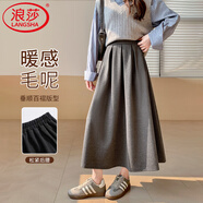 浪莎文藝范淑女毛呢半身裙女春秋冬季新款高腰百褶裙中長(cháng)款傘裙