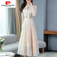 皮爾卡丹長(cháng)袖蕾絲連衣裙高腰顯瘦氣質(zhì)感春秋裝2025款女裝媽媽減齡長(cháng)裙 杏色 M