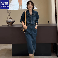 羅蒙（ROMON）品牌港風(fēng)藍色翻領(lǐng)系扣前面開(kāi)叉長(cháng)袖牛仔連衣裙女2025秋冬新款中長(cháng) 圖片色 S