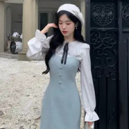 蓉月閣氣質(zhì)小香風(fēng)襯衫吊帶連衣裙女秋冬新款氣質(zhì)奶藍色包臀裙顯瘦兩件套 雪紡襯衫 S 【建議80-95斤】