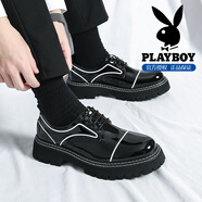 花花公子（PLAYBOY）皮鞋2025秋季新款男鞋英倫風(fēng)黑色休閑正裝鞋子男款亮面真皮增高鞋 黑白 39