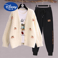 迪士尼（Disney）女童開(kāi)衫毛衣外套秋裝初高中學(xué)生套裝洋氣寬松少女裝學(xué)院風(fēng)兩件套 櫻桃杏色+黑色褲 160 XS