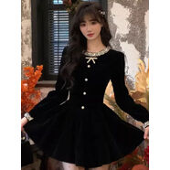 感黑色絲絨連衣裙女秋冬大碼胖mm氣質(zhì)收腰顯瘦復古蓬蓬A字裙 黑色連衣裙 L