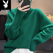 花花公子（PLAYBOY）鄂爾多斯市專(zhuān)柜撤回針織衫高領(lǐng)女秋冬寬松亮片加厚毛衣上衣 綠色 均碼 80-140斤可穿