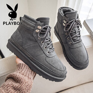 花花公子雪地靴男冬季加絨加厚高幫靴保暖厚底防水防寒棉鞋男款防滑面包鞋 深灰色 41
