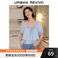 UR夏季新款女裝溫柔氣質(zhì)系帶燈籠袖短款罩衫襯衫UWG240085 淺藍 S