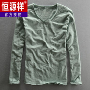 恒源祥日系竹節(jié)棉圓領(lǐng)長袖T恤男士純棉純色休閑全棉打底衫春季新款男潮T 灰綠/V領(lǐng) S