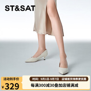 星期六（St&Sat）女鞋石頭紋羊皮革通勤淺口貓跟單鞋 米白色（皮面） 35