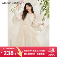 西遇杏色法式氣質(zhì)收腰連衣裙女2025春季新款露肩精致顯瘦傘擺裙子 杏色 M