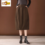 初徑毛呢包臀半身裙女秋冬新款高腰顯瘦中長(cháng)款燈籠裙遮肚子花苞裙 咖啡色 M