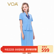 VOA36姆米蠶絲重磅立領(lǐng)提花拼接短袖收腰假兩件職業(yè)裝連衣裙 A82 流光蔚藍(lán)（Q82） S