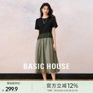 Basic House/百家好撞色休閑夏季新款寬松顯瘦氣質(zhì)感短袖連衣長裙 黑拼苔云青 M