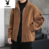 花花公子2022秋冬季新款男士外套加厚保暖羊羔絨夾克毛呢男裝 棕色 XL _建議130-150斤