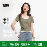 森馬（Semir）短袖t恤女短款假兩件百搭上衣25夏裝顯瘦U領(lǐng)套頭衫109325100015
