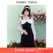 糖力【商場(chǎng)同款】春秋季新款薄紗長(zhǎng)袖蝴蝶結(jié)中長(zhǎng)款開(kāi)叉連衣裙女 黑色 S