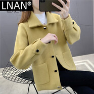 LNAN仿水貂毛外套女春秋新款韓版寬松百搭時尚小香風(fēng)針織開衫短款上衣 黃色_【高品質(zhì)】 M _建議85-95斤