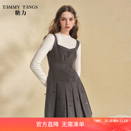 糖力【商場同款】冬季新款鉆飾珠片毛呢吊帶百褶連衣裙女收腰 灰色 M