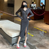 花花公子（PLAYBOY）法式感連帽T恤連衣裙秋季顯瘦氣質(zhì)名媛褶皺開叉包臀長裙子 灰色【裙子女設(shè)計(jì)感小眾/赫本風(fēng)法式連衣裙/小個(gè)子/ S