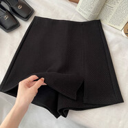 花花公子秋冬高腰A字短裙復(fù)古毛呢斜紋短褲裙防走光半身假兩件設(shè)計(jì) 黑色 L 建議110-120斤