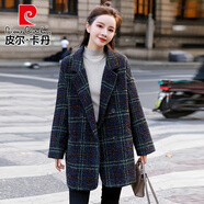 皮爾卡丹2025早秋新款小外套格紋口袋毛呢西裝外套女小西裝氣質(zhì)大衣小香風(fēng) 綠格 S