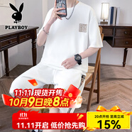 花花公子（PLAYBOY）男士休閑運(yùn)動(dòng)短袖套裝寬松潮流夏季兩件套T恤短褲青少年 TZ881套裝 白色 L (建議110-125斤)