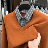 老爺車(chē)（LAOYECHE）假兩件毛衣男士秋冬襯衫領(lǐng)含羊毛長(cháng)袖針織衫保暖休閑爸爸裝打底衫 CX-RS2563愛(ài)馬橙 XL (175) 推薦135-155斤