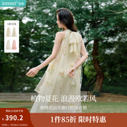 茵曼法式刺繡無袖掛脖連衣裙2025夏季女裝新品海邊度假沙灘長裙子 杏色 M
