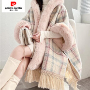 皮爾卡丹（pierre cardin）大碼秋冬帶帽外搭毛絨斗篷披肩連帽格子加厚外套大衣 紫蘭格子