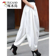 啄木鳥(niǎo)春夏棉麻燈籠褲長(cháng)褲女士高腰垮褲休閑蘿卜褲春秋薄款哈倫褲潮 白色 M 90-110斤