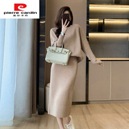 皮爾卡丹（pierre cardin）秋冬季蝙蝠袖套頭毛衣女針織衫兩件套半身裙修身開(kāi)叉過(guò)膝裙小香風(fēng) 卡其色 S