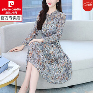 皮爾卡丹（pierre cardin）初秋連衣裙女2025春秋新款氣質(zhì)小個(gè)子收腰減齡媽碎花雪紡長(cháng)袖裙子 灰藍色 L
