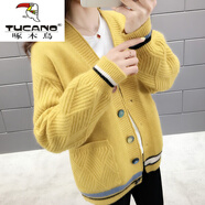 啄木鳥(niǎo)（TUCANO）燈籠袖開(kāi)衫毛衣加厚女冬韓版寬松口袋針織衫毛線(xiàn)衣外套女春秋新款 彩扣黃色 L