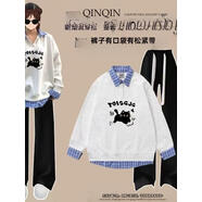 LXKP初中生秋季學(xué)院風(fēng)套裝少女時(shí)尚百搭polo衛(wèi)衣高中學(xué)生闊 奔跑貓白灰衛(wèi)衣+黑闊腿褲套裝 S 75-89斤【建議】