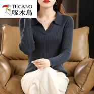 啄木鳥（TUCANO）新款絲光棉針織衫女長(zhǎng)袖翻領(lǐng)韓版POLO領(lǐng)女士打底衫百搭顯瘦毛衣女 深灰色 XL 【120-140斤】