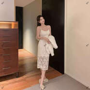 林關(guān)關(guān)米白色蕾絲吊帶裙連衣裙秋季巨好看的宴會(huì )純欲精致生日裙子 米杏色 L L