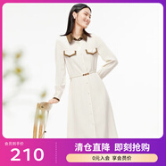 敦奴春季新款氣質(zhì)亮面撞色翻領(lǐng)H版型中長(zhǎng)款襯衫連衣裙 米色 S