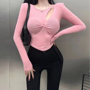 長(zhǎng)袖T恤女韓國(guó)chic風(fēng)不規(guī)則性感小心機(jī)鏤空?qǐng)A領(lǐng)別致短款上衣 粉色 S