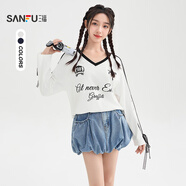 三福（SANFU）長T恤2025秋季蕾絲綁帶袖子印花圖案V領上衣女裝508855 米白色 S