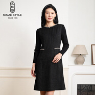 名師路小香風(fēng)連衣裙女秋冬季新款通勤優(yōu)雅圓領(lǐng)針織長(cháng)袖亮絲羊毛呢裙子 黑色88 2XL