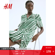 H&M女裝無(wú)領(lǐng)連衣裙2025夏季新款中式收腰立領(lǐng)碎花度假風(fēng)裙1214786 綠色/奶油色圖案 S 160/88