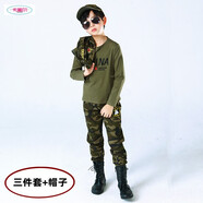 赤尹國潮童裝兒童迷彩服男童套裝秋冬裝小學生軍訓練服男孩衣服拉鏈衫 軍綠長袖（三件套+帽子） 130 建議身高1.2米左右