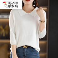 啄木鳥(niǎo)春秋薄款七分袖棉針織衫女娃娃領(lǐng)寬松中袖短款針織打底T恤 白色 S