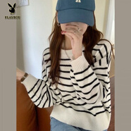 花花公子（PLAYBOY）不規則條紋毛衣春秋2025新款設計感后背開(kāi)叉寬松長(cháng)袖針織衫上衣女 白色 均碼