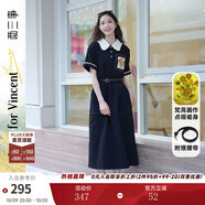 兩三事梵高文藝 梵花遺夢 2025夏季新款印花布拼接撞色翻領(lǐng)連衣裙 黑色  M