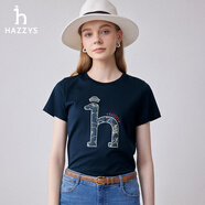 HAZZYS哈吉斯純棉印花短袖T恤女士夏季圓領(lǐng)體恤 藏青色 XS 155/80A 36
