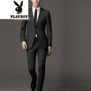花花公子（PLAYBOY）男裝 2020新款西裝男套裝商務(wù)休閑男外套免燙西服套裝婚 深灰色 27 【42上衣/27褲 子90-100斤】