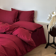 水星系列家紡秋冬感100支長(cháng)絨棉四件套純色刺繡蝴蝶結枕套純棉被套床單4 汐顏-復古紅(婚慶主推) 床單款 1.5m四件套【被套200*230cm】